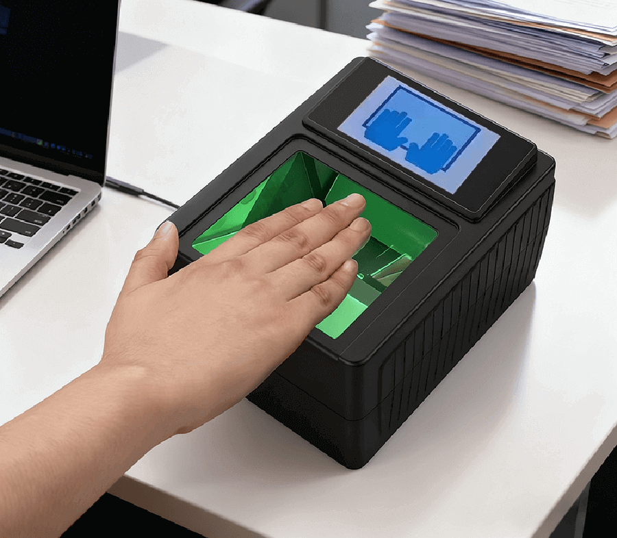 交通樞紐（機場、火車站）安檢通道的指紋設(shè)備應(yīng)用場景，設(shè)備與安檢閘機實時聯(lián)動，實現(xiàn)旅客身份秒級核驗與快速通行